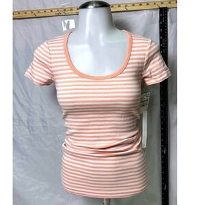 Caslon ~ Size XXS ~ White/Coral Striped Scoop Neck Ribbed Cotton Tee ~ NWT